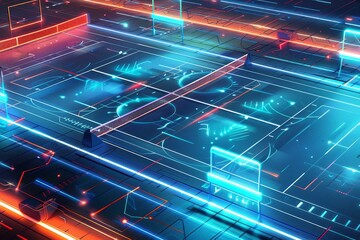 Digital illustration of a high-tech soccer field with vibrant green turf and white boundary lines, A futuristic digital illustration of a high-tech pickleball court with holographic elements