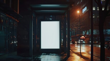 A vertical digital billboard displays a blank white screen at a bus stop on a city street at night, creating a dramatic and cinematic setting for potential advertisements