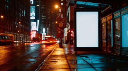 A vertical blank digital billboard lights up a city bus stop at night, offering a white canvas against the cinematic backdrop of the urban night