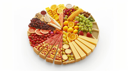 A conceptual representation where the traditional food pyramid is transformed into a pie chart, presented against a clean white background. 