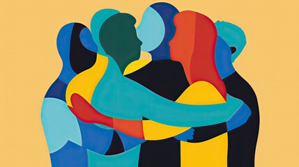 group of people hugging illustration in silhouettes and bold colors. The background is deep yellow. image illustrates togetherness