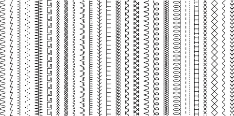 Sew stitch. Colorful seamless pattern brush embroidery thread seam, fabric sewing machine stitches line border, textile seam. Needlework