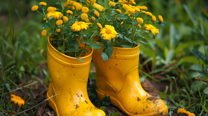 Two yellow flower pots with flowers in them. The pots are upside down and are placed on the ground