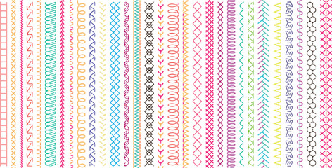 Sew stitch. Colorful seamless pattern brush embroidery thread seam, fabric sewing machine stitches line border, textile seam. Needlework