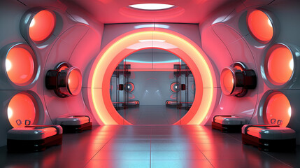 Spaceship or lab interior in retro futuristic sci-fi style with round doors.