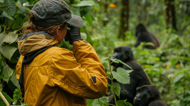 A wildlife biologist observing a family of gorillas in their natural habitat deep within the jungle.