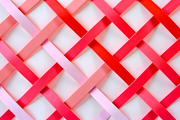 Woven pattern of pink and red paper strips forming a diagonal lattice on a white background