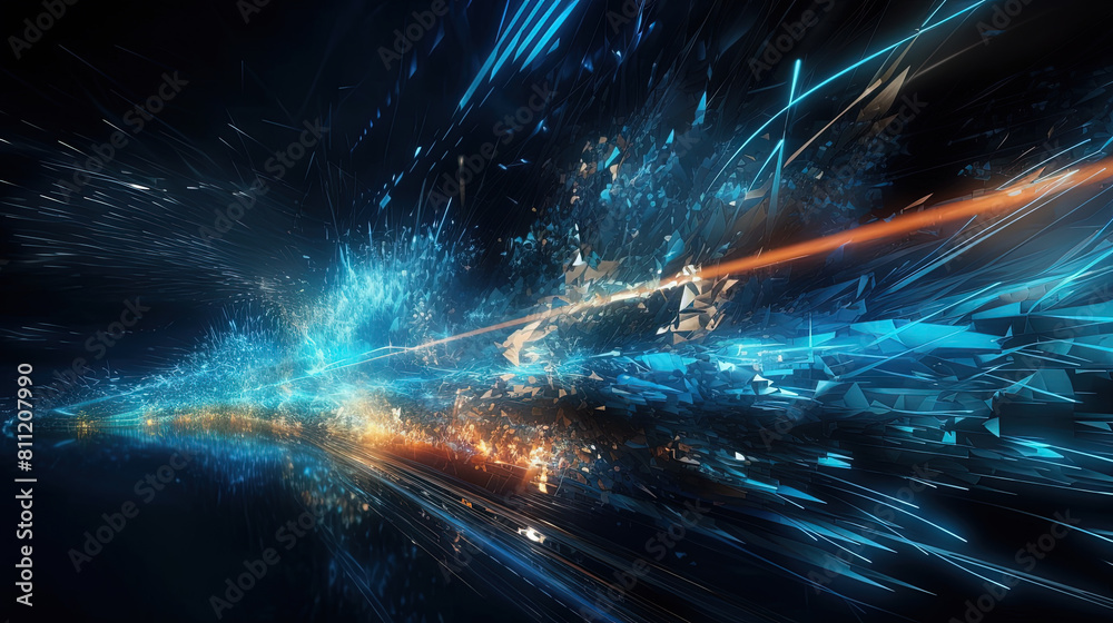 Poster Abstract technology burst with glowing wires and particles in motion. Technology and science dynamic background.
