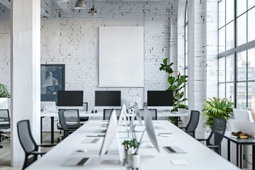 A large open office space with a white wall and a large white board