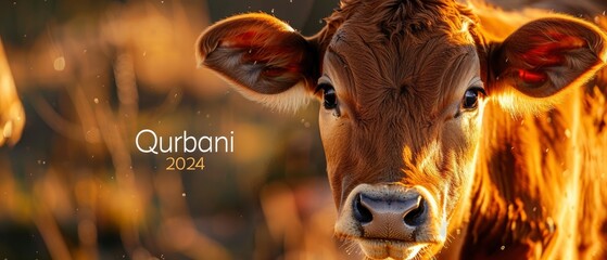 Cow with text Qurbani 2024 in a natural background. Eid ul adha concept
