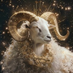 A white goat with golden horns
