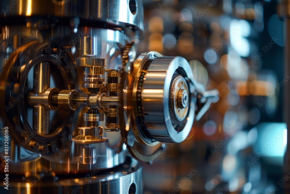 Poster close-up view of a complex machine filled with numerous interconnected gears, showcasing precision a