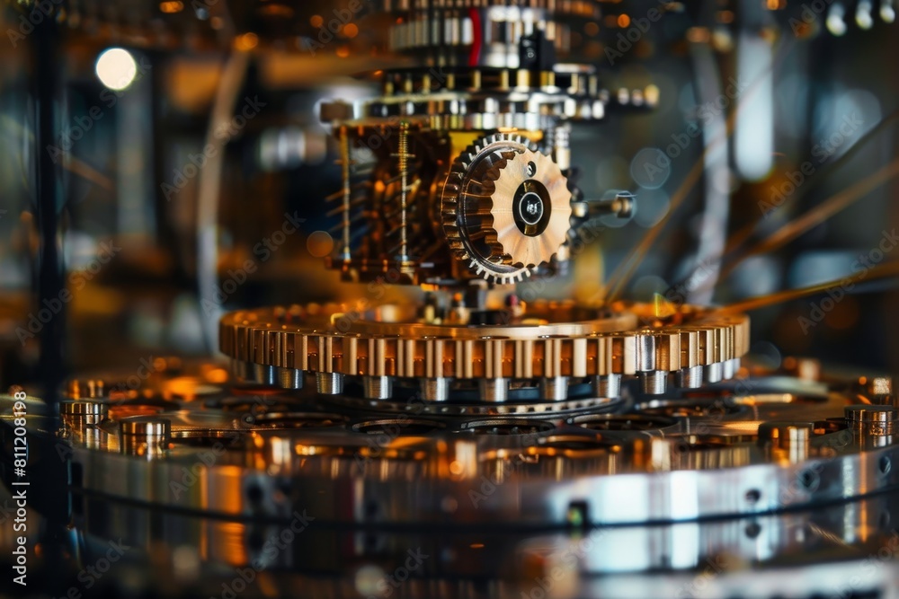 Poster detailed view of clock gears in motion, showcasing intricate mechanical workings and precision, a fu