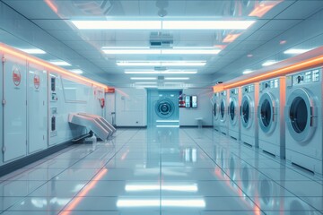 A row of sleek, shiny washers lined up in a large, modern laundry room, A futuristic laundromat featuring sleek, shiny washers
