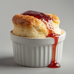 Souffle with strawberry jam dripping down the side, against a white background.