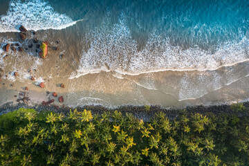 Aerial view of tropical beach with coconut trees, blue water waves crashing on rocks