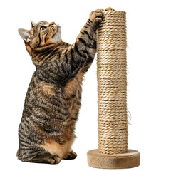Fototapeta premium Cat Scratching a Post Energetically and Focused Die Cut PNG Style Isolated on White and Transparent Background