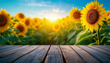 Vibrant sunflower field under a sunny blue sky viewed from a textured wooden plank perspective © Anna
