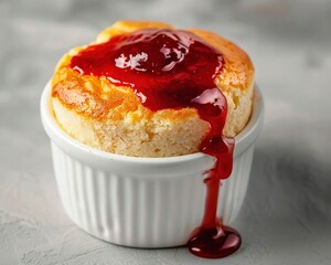 Souffle with strawberry jam dripping down the side, against a white background.