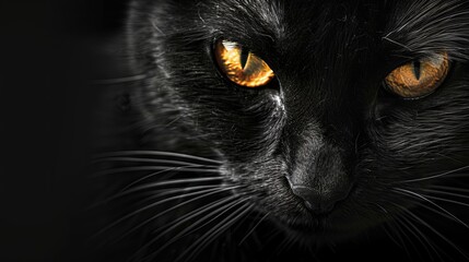 A black cat with yellow eyes is staring at the camera