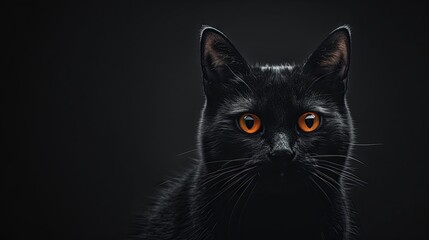 A black cat with orange eyes is staring at the camera