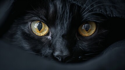 A black cat with yellow eyes is staring at the camera