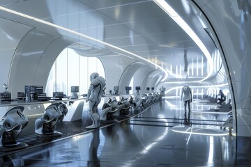 A cutting-edge room filled with numerous mirrors creating a visually dynamic space, A futuristic office space where robots and humans collaborate