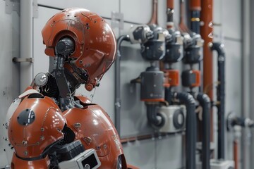 A futuristic robot with robotic enhancements stands in front of a wall, A futuristic plumber with robotic enhancements