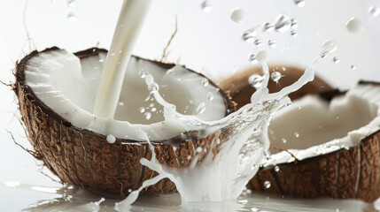 A coconut is being poured into a glass of milk