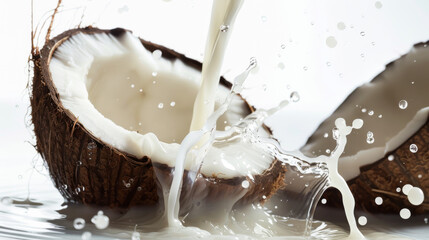 A coconut is being poured into a glass of milk