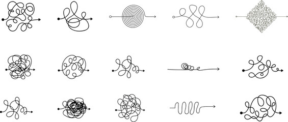 Messy scribble arrow lines. Chaotic doodle line ravel tangle, hand drawn confused messy knot