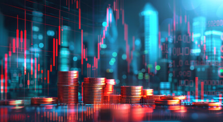 Illustration of coins and financial charts with stock market graph, bank building on background. Business concept for sales growth or tables.
