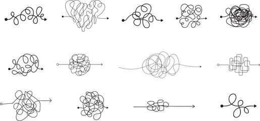 Messy scribble arrow lines. Chaotic doodle line ravel tangle, hand drawn confused messy knot
