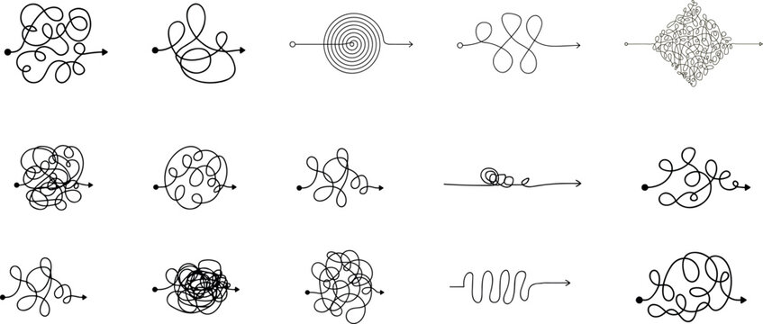 Messy scribble arrow lines. Chaotic doodle line ravel tangle, hand drawn confused messy knot
