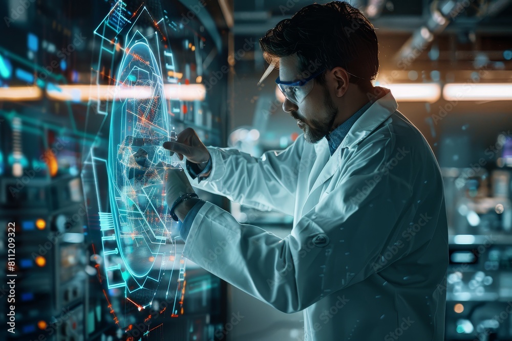 Poster a man in a lab coat concentrates while analyzing data on a futuristic high-tech display, a futuristi