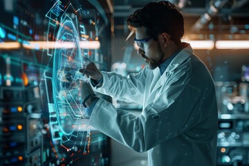 Naklejka premium A man in a lab coat concentrates while analyzing data on a futuristic high-tech display, A futuristic professor in a lab coat, working on a holographic display