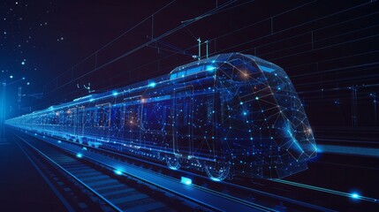 Abstract polygonal 3d wireframe of modern train at railway station or metro. Digital vector mesh looks like starry sky. Rapid transit system, transportation, railway logistics concept in dark blue
