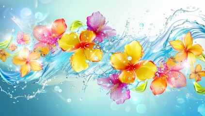 Abstract background with colorful flowers and a water splash with a colorful background and a turquoise blue color Generative AI
