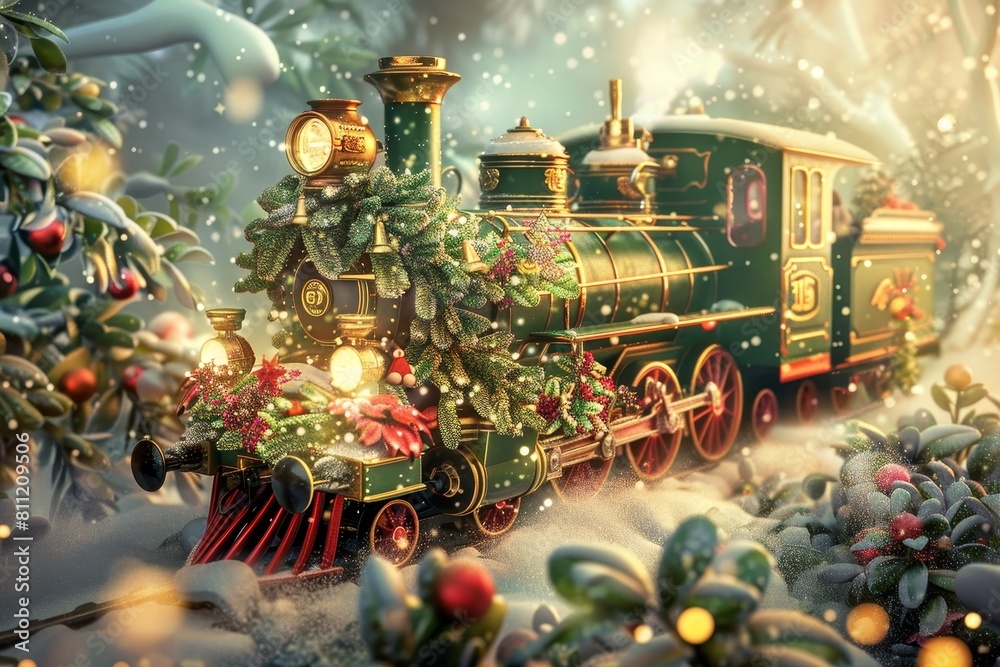 Sticker Enchanting Fairy Inspired Christmas Train Locomotive in Holiday Postcard Style