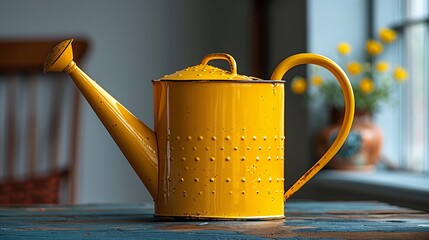 Bright yellow watering can on a living room background perfect for gardening supply advertisements with a fantastic twist