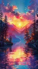 A beautiful painting of a mountain range with a sunset in the background