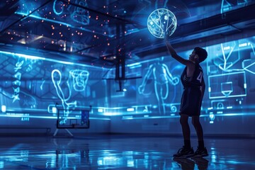 Fototapeta premium A person stands on a skateboard while holding a ball, A futuristic representation of interactive technology in basketball training