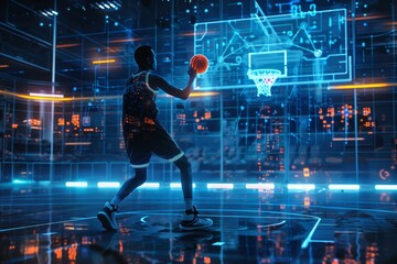 A man standing on a basketball court holding a basketball, A futuristic representation of interactive technology in basketball training