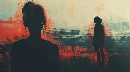 illustration of two women in silhouette in a grunge rusty scene. best to illustrate emotional distance between individuals or formerly great connections