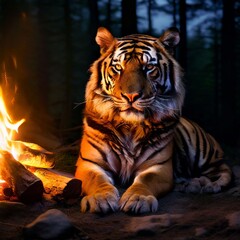 Delightful tiger Unwinding by Pit fire on Spring Night. pet agreeable camping areas.