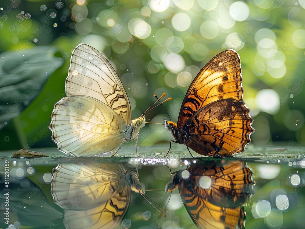 Sticker Two butterflies are standing on a pond, one is white and the other is brown