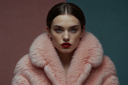 Fashionable Style: Elegant Woman in Pink-Red Winter Fur Jacket with Red Lips