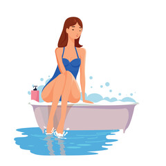 Vector illustration of a beautiful woman in a blue bikini sitting at the edge of a bathtub, smiling and looking at you.