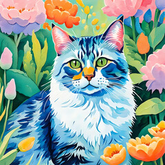 Close-up, pastel colors, of a cute cat sitting in a colorful flower garden