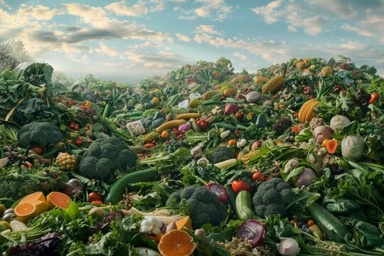 A large amount of assorted vegetables stacked high in the air, representing a futuristic world addressing food waste, A futuristic vision of a world where food waste has taken over the landscape